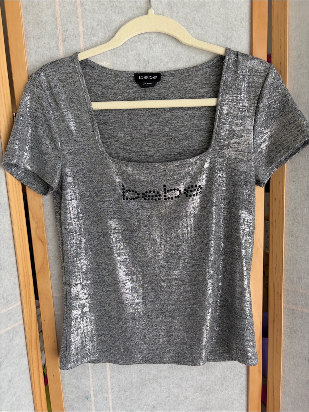 bebe Metallic Silver Scoop Neck Short Sleeve Tee